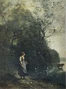 Jean Baptiste Camille  Corot, Landscape with a peasant Girl grazing a Cow at the Edge of a Forest